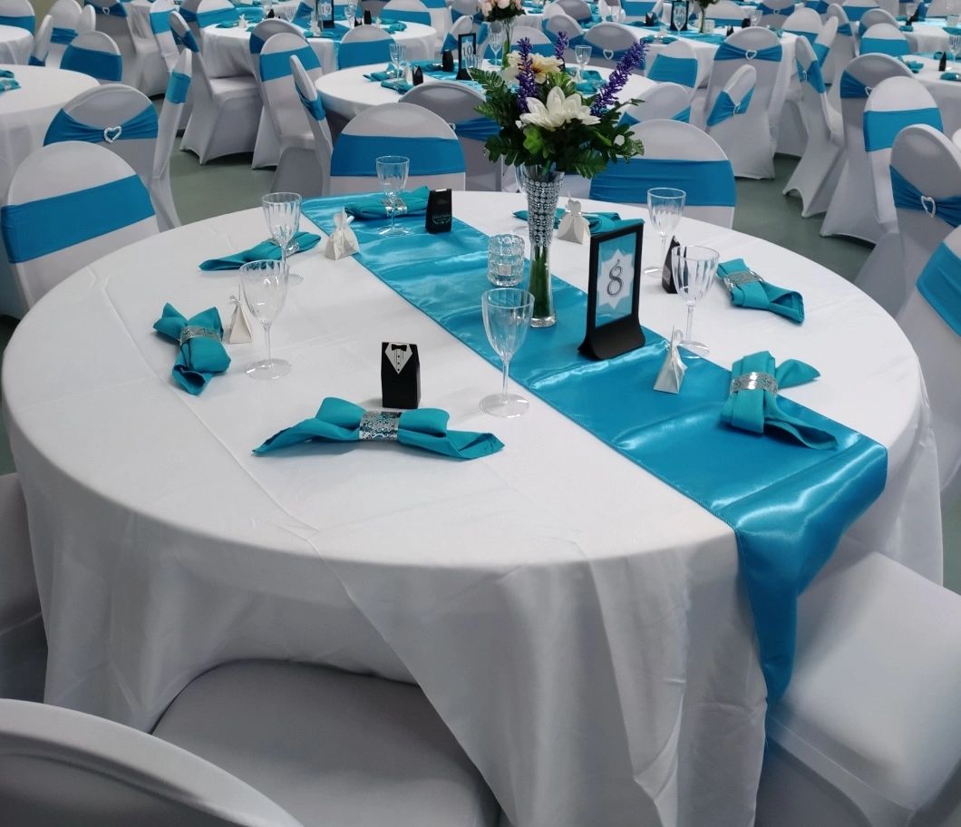 120" White Polyester Round Tablecloths *for rent*